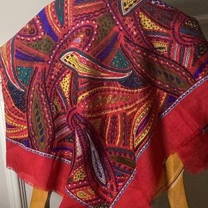 JAGO 100% lightweight wool scarf 34 inch square RED paisley print bright colors